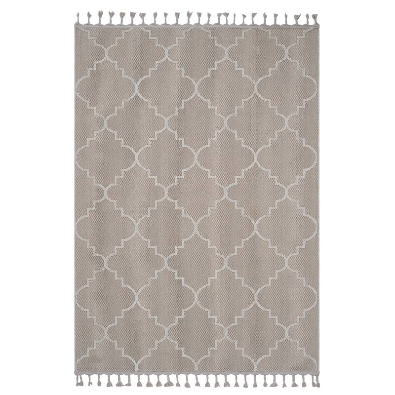 Guros Collection Ivory / Trellis Indoor / Outdoor Non-Shedding Area Rug - 93" D x 79" W x 0.28" H