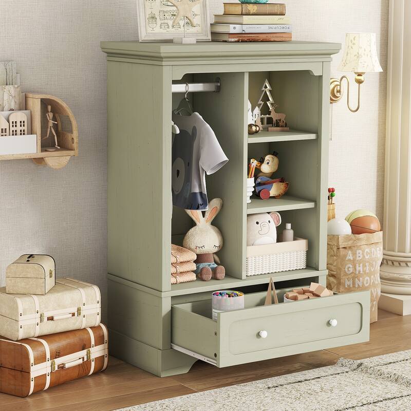Open Children's Wardrobe with A Hanging Rod and Open Shelves