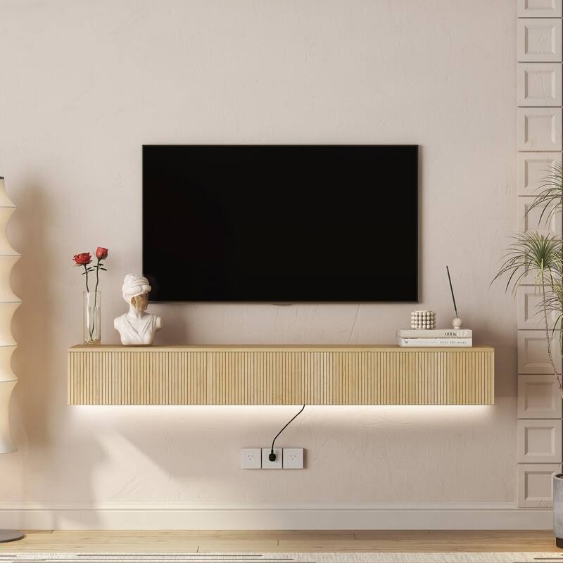 69" Wall Mounted TV for TVs up to 65'', Floating TV Stand with LED Lights & Power Outlet - Natural