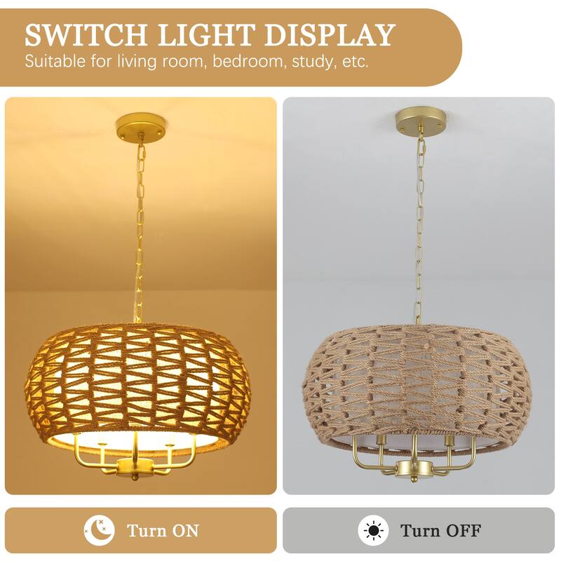5-Light Hemp Rope Candlestick Hanging Linear Chandelier Lighting with Cloth Cover for Kitchen Island