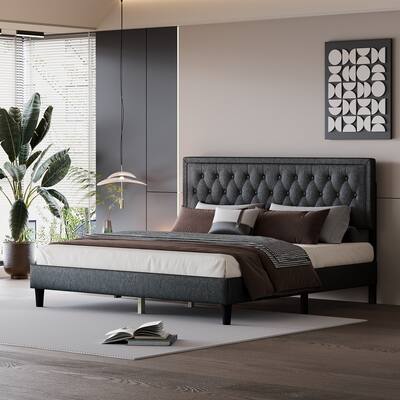 King size Panel Bed Frame with Adjustable Button-Tufted Headboard for Bedroom/Linen Upholstered/Wood Slat Support/Easy Assembly