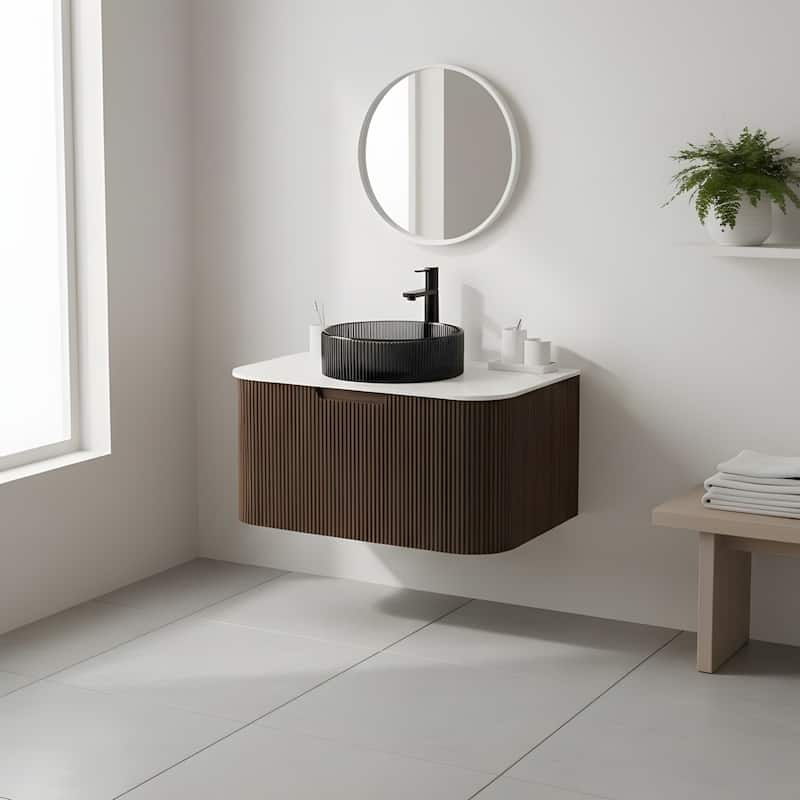 Wall Mounted Bathroom Vanity with Transparent Black Round Glass Basin
