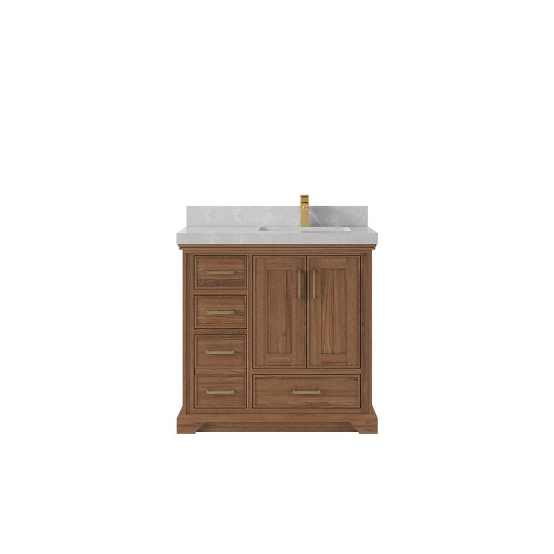 Willow Collections 36 in. W x 22 in. D Charlotte Teak Right Offset Sink Bathroom Solid Teak Vanity with Countertop - 2”Pearl Gray - Dark Natural