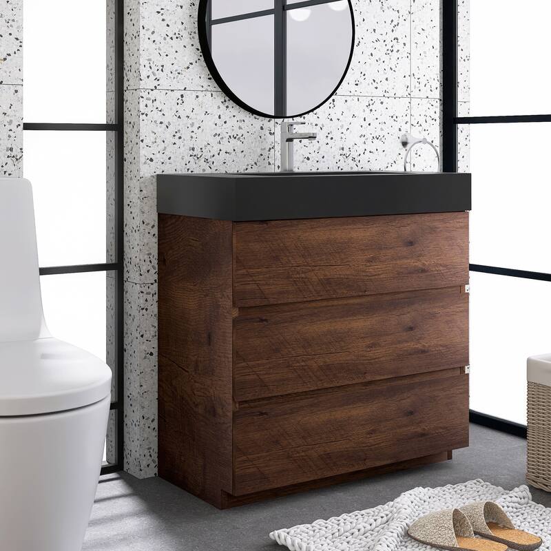 Freestanding Bathroom Vanity with Black Solid Surface Top