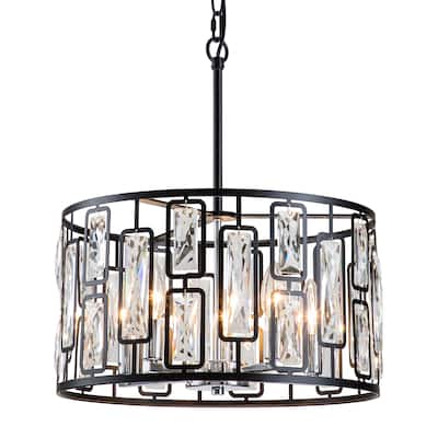 5-Light Black Crystal Drum Chandelier with Chrome Accents - W16.25"xL16.25"xH19.75"