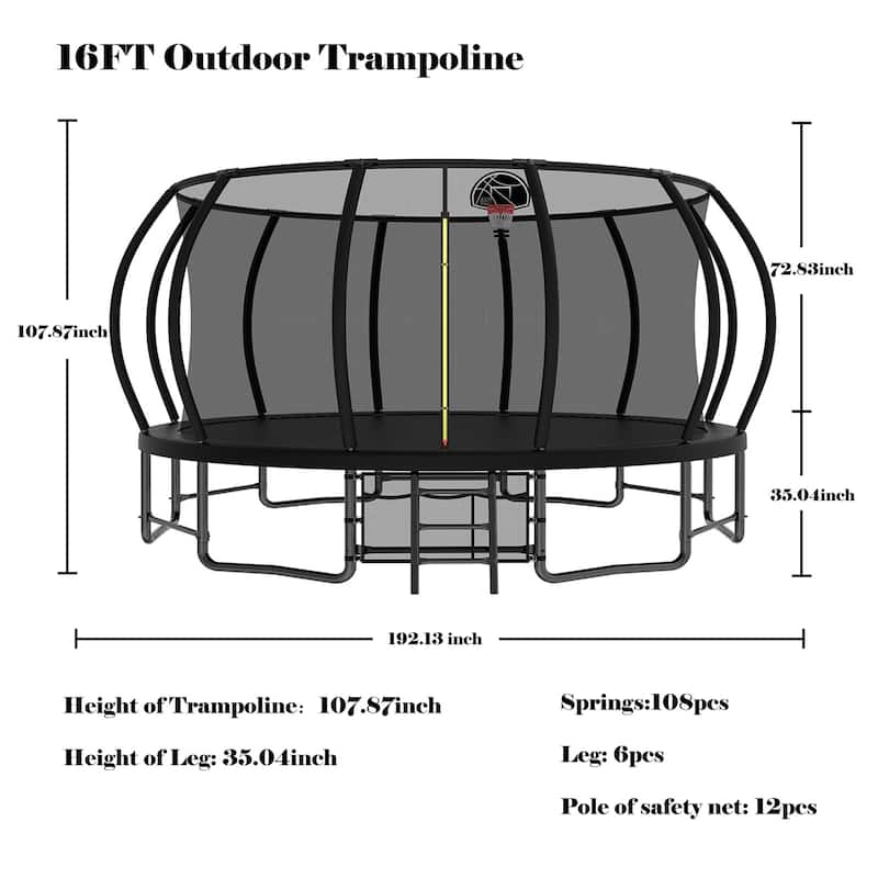 16FT Outdoor Trampoline for Kids and Adults, Pumpkin Trampolines with Curved Poles,Heavy Duty Trampoline