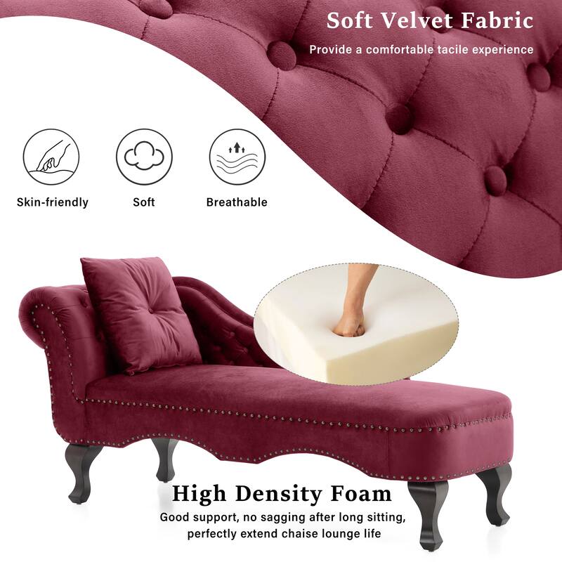 Christopher Knight Home - Bressi Modern Velvet Upholstered Chaise Lounge with Tufted Backrest, Nailhead Trim & Pillow