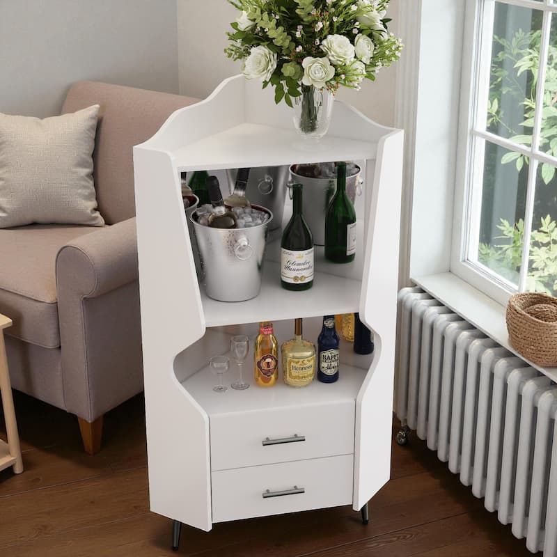 Modern Wooden Corner Bar Cabinet with Mirrored Back, 2 Drawers and Open Shelves, Buffet Sideboard for Dining or Living Room