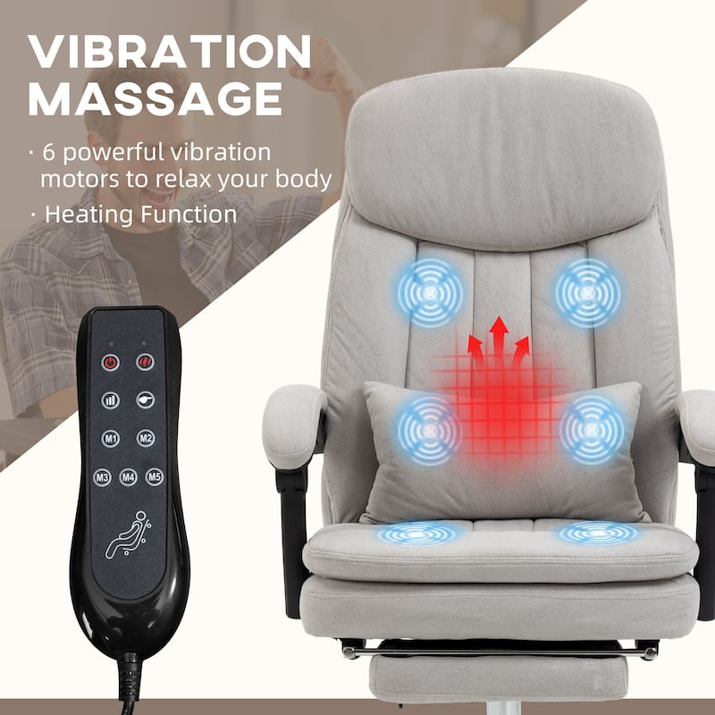 Light Grey Microfibre 360° Swivel Office Recliner with Vibration Massage, Lumbar Heating, Lumbar Pillow, Footrest