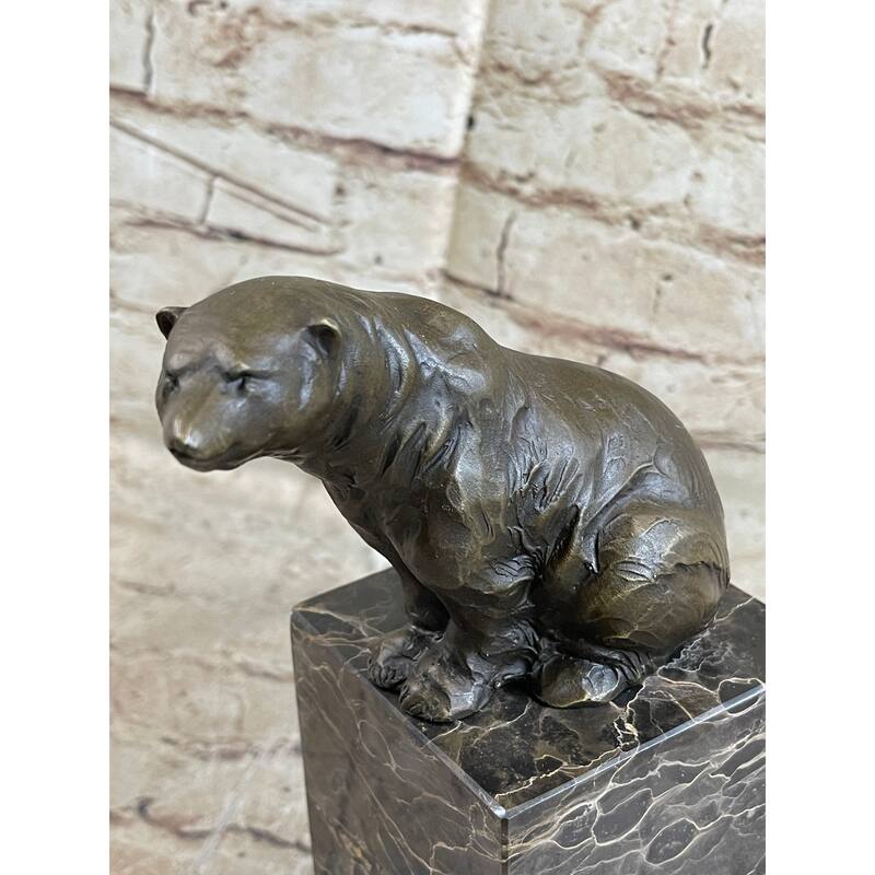 Handmade Signed Sitting Polar Bronze Bookend Book End Marble Sculpture Statue