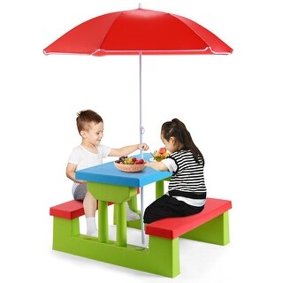 Kids Picnic Table, Kids Indoor & Outdoor Table and Bench Set with Removable Foldable Umbrella, for Patio, Backyard, Plastic