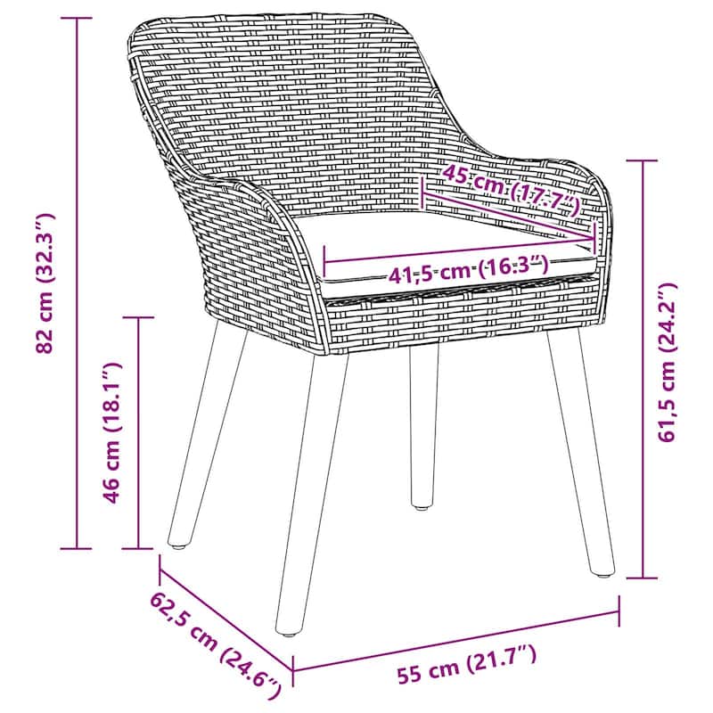 vidaXL Patio Chairs 2 Pcs Patio Wicker Dining Chair with Cushions Poly Rattan - 21.7 x 24.6 x 32.3
