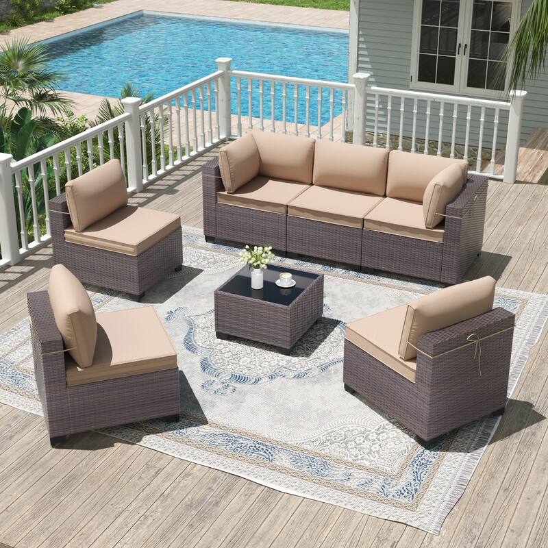 7-Piece Patio Furniture Set, Wicker Outdoor Seatings Conversation Sofa with Side Table - 7-Pieces - Sand
