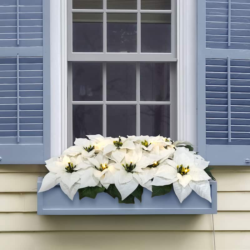 Puleo International 24" Pre-Lit Battery-Operated Artificial White Poinsettia Window Box Décor - White
