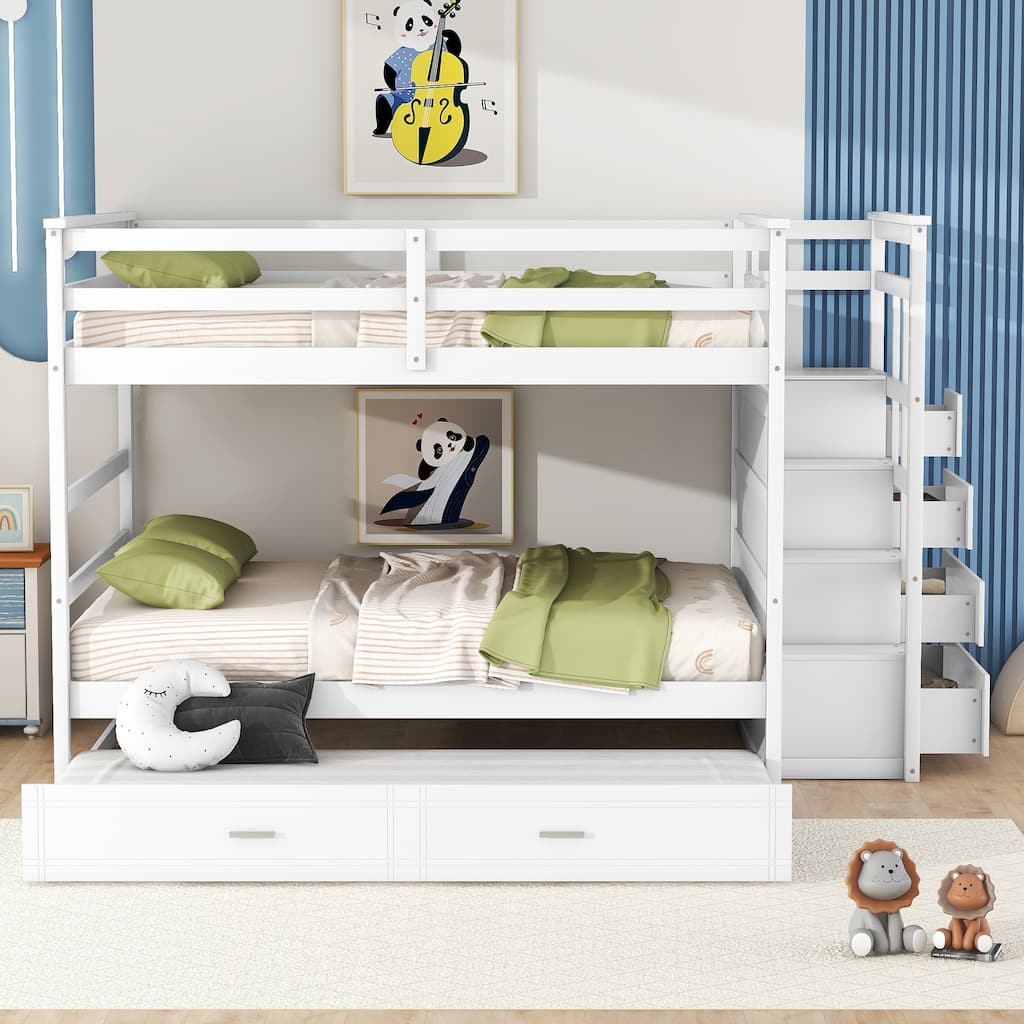 Triple Sleeper Bunk Bed, Full over Full with Twin Trundle and Stairs, Space Saving Metal Frame for Kids Room