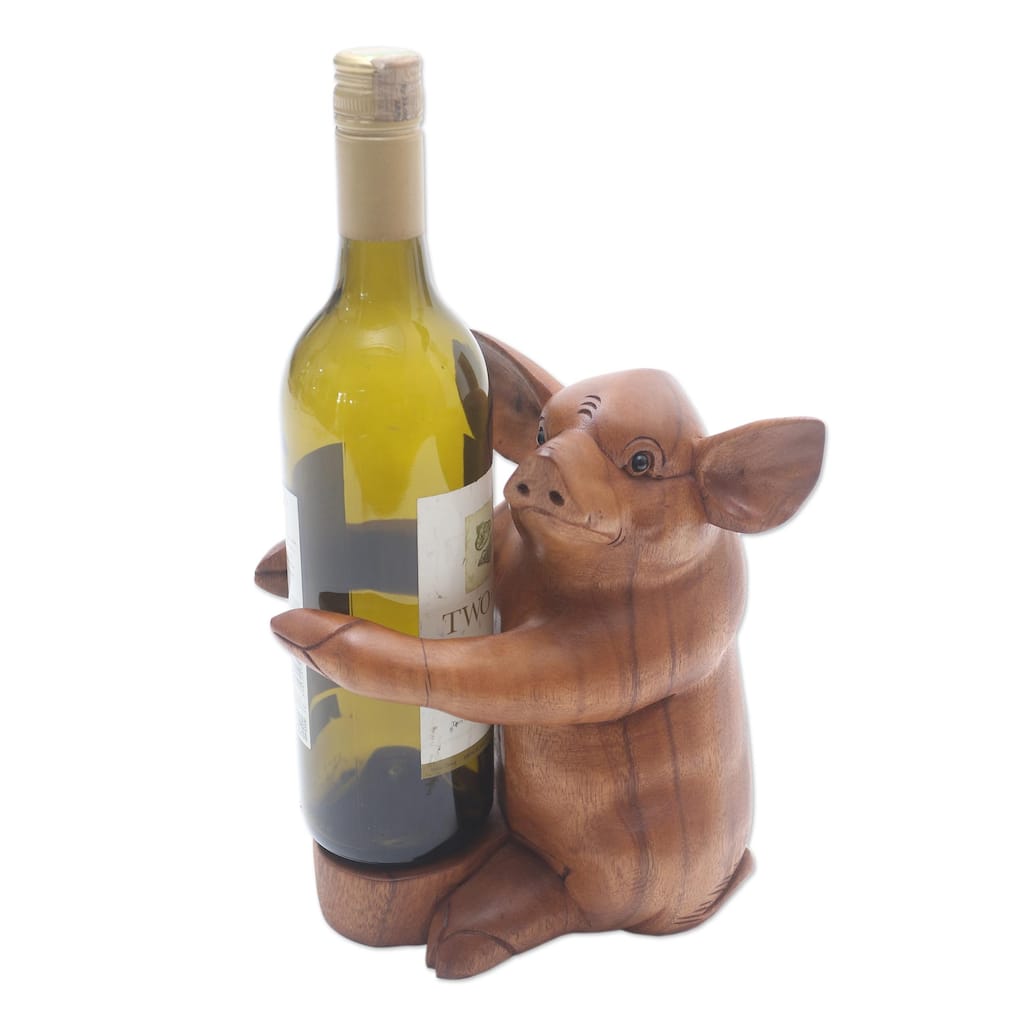 Novica Handmade Baby Pig Hug Wood Wine Bottle Holder