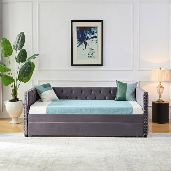 slide 2 of 4, Twin Velvet Daybed with Button and Copper Nail with Trundle, Grey Grey with Trundle - Twin