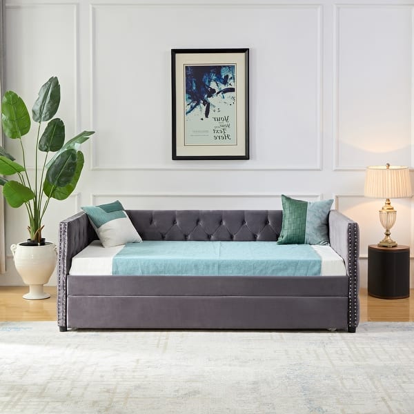 Velvet Upholstered Twin Size Day Bed Button Tufted Daybed with Trundle