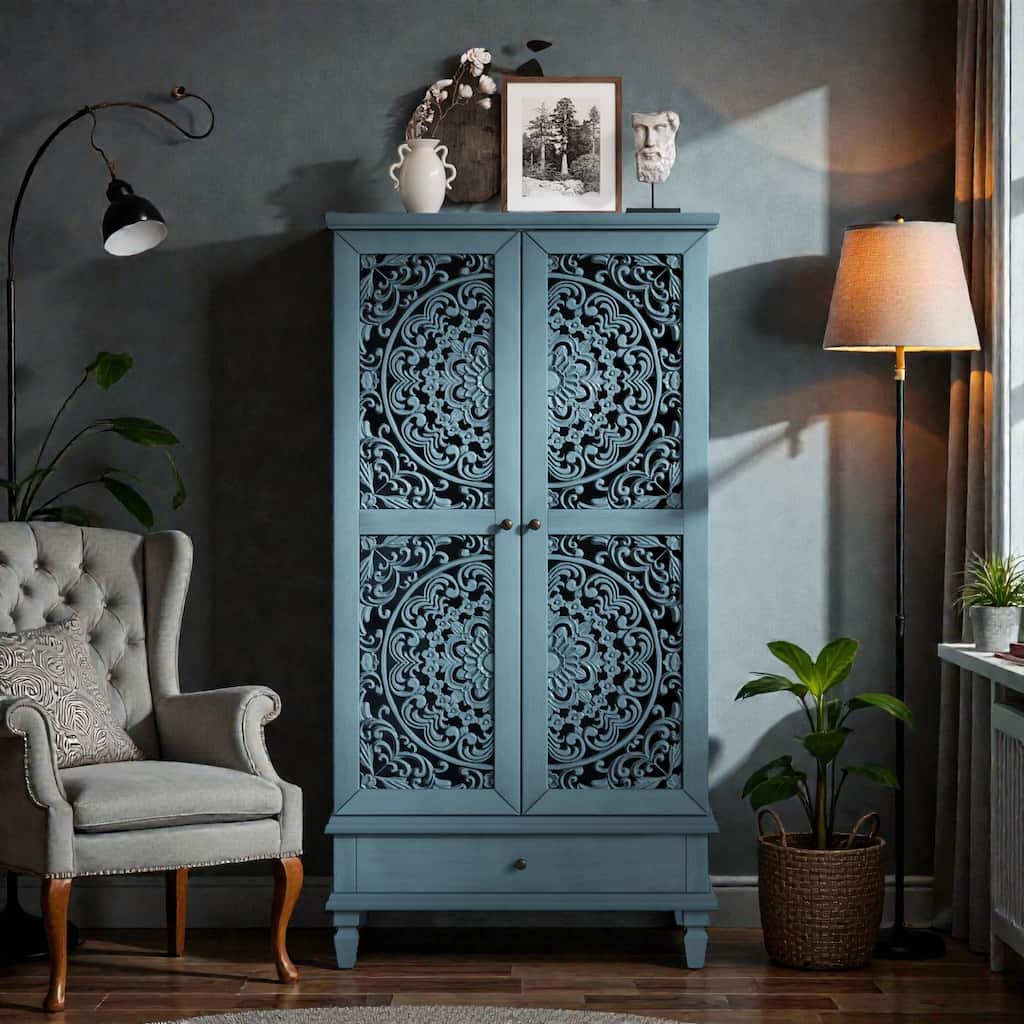 55'' Rustic Tall Storage Cabinet with Drawer, Carved Wood 2-Door Accent Cabinet with Solid Wood Legs for Living Room