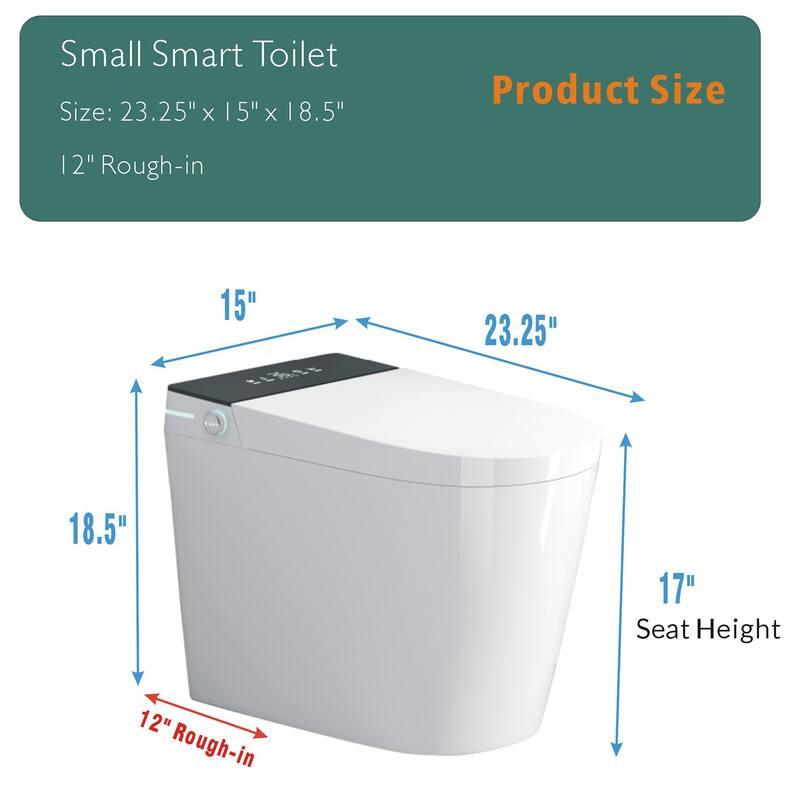 Compact Smart Toilet with Built In Bidet. Tankless 23.25 Inch Depth. Auto Open Flush. Heated Seat. Dryer