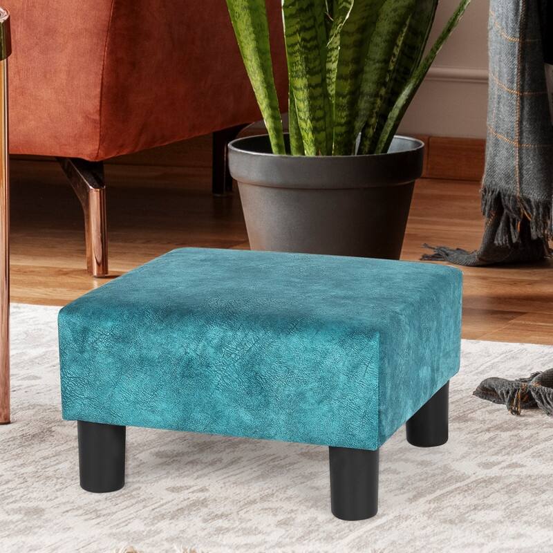 Adeco Footstool Ottoman PU Leather Footrest Modern Square Stool - Blue