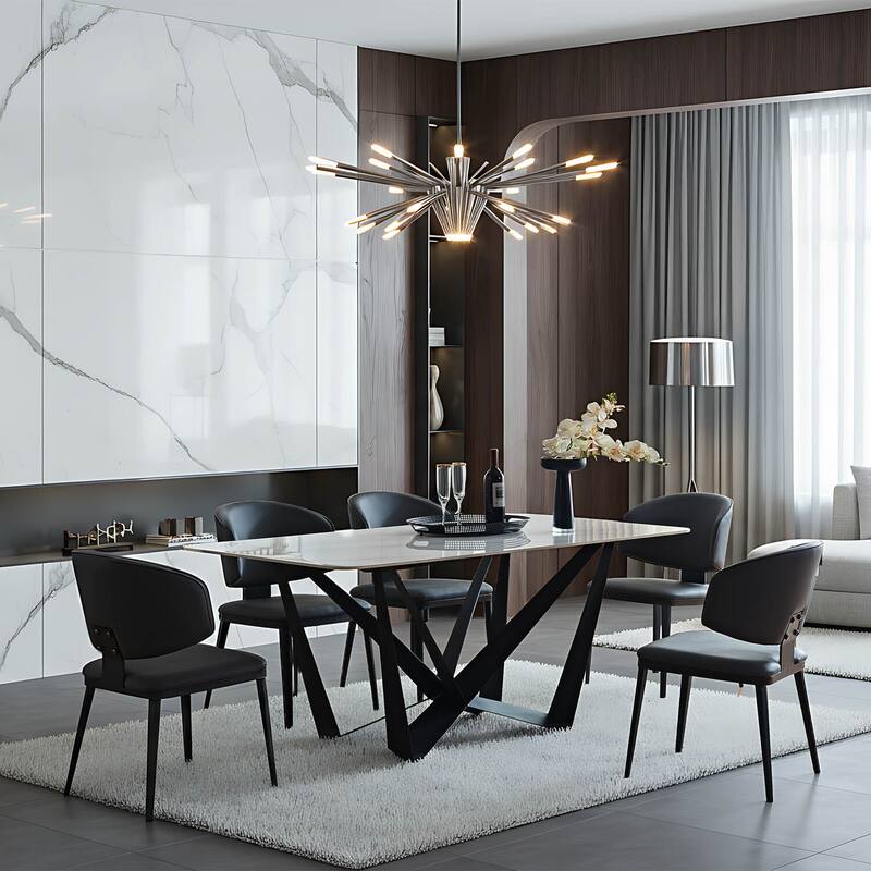 Modern Rectangular Sintered Stone Dining Table - Unique Natural Texture Tabletop with Black Metal Base