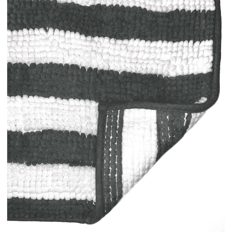 Large 2 Piece Set Charcoal Grey White Stripe Soft Cozy Plush Chenille Bath Mat Bathroom Rug