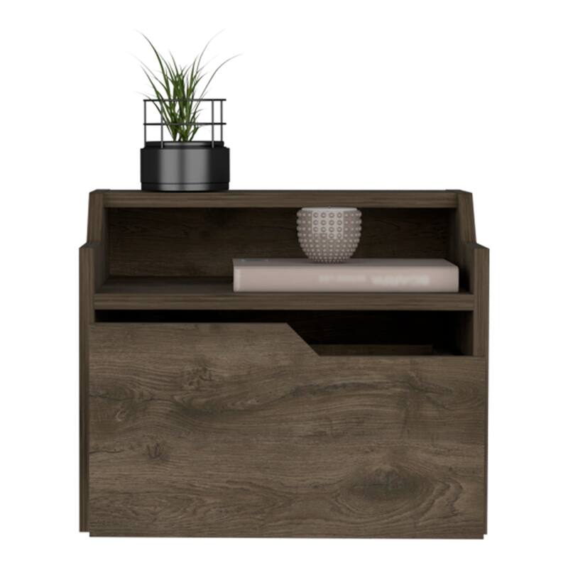 Wall-Mounted Floating Nightstand with Spacious Drawer and Dual-Tier Surface, Dark Brown
