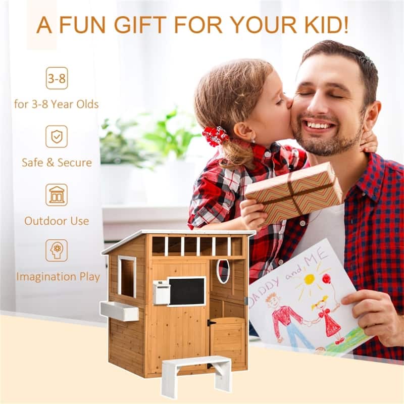 Yellow Wooden Kids Outdoor Playhouse with Mailbox Blackboard Bench and Flowerpot Holder - 48" L x 42.5" W x 53.25" H