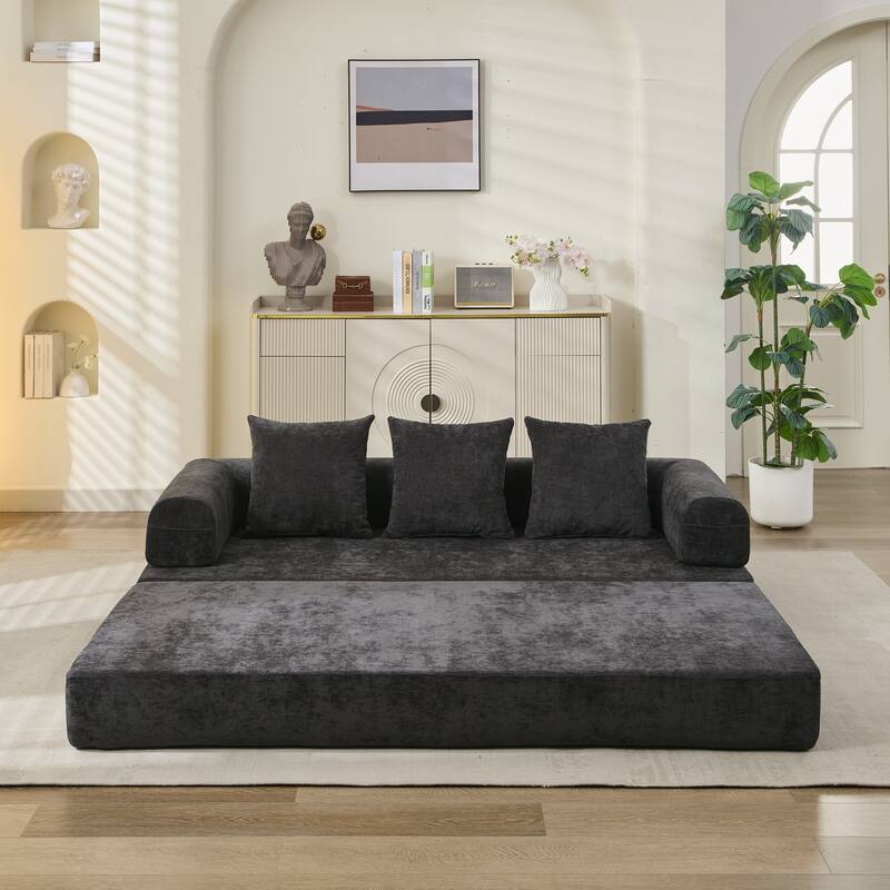 Chenille Folding Sofa Floor Sleeper Bed Chaise Lounger Couch 3-in-1 Comfy Mattress with Reversible Arm Pillows and Non-slip Pad