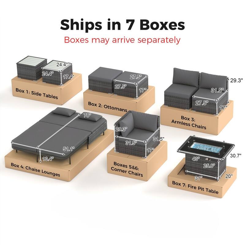 Outdoor Sectional Conversation Set PE Wicker with Double Chaise Lounge, 60,000 BTU Fire Pit Table
