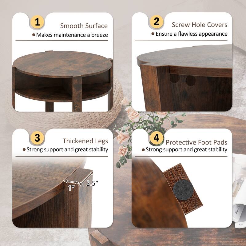 Gymax 29.5'' 2-Tier Round Coffee Table w/ Storage 4 Shelves Faux