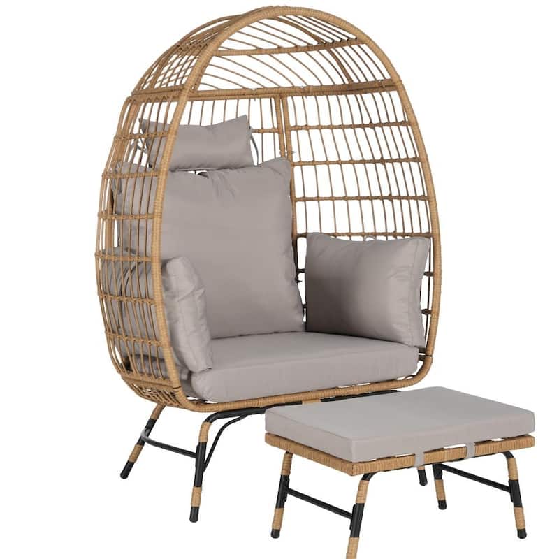 Outdoor Oversized Wicker Rattan Egg Chair with Ottoman and Thick Cushions for Porch