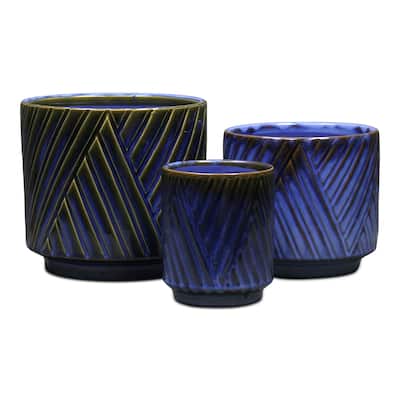 Parlora Crossed Diagonal Pattern Ceramic Pot - Blue
