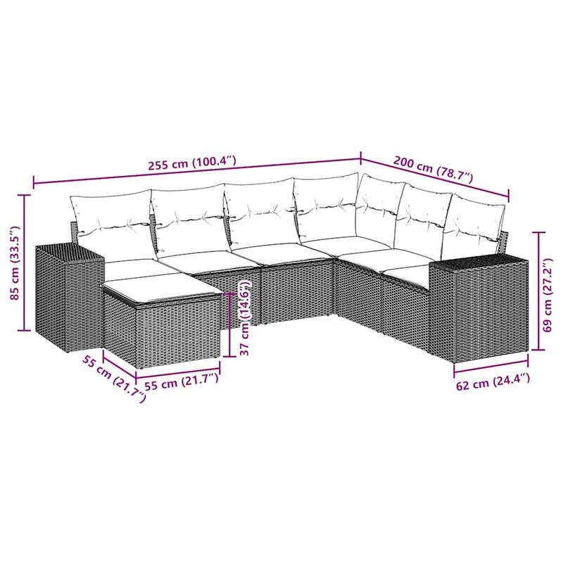 vidaXL 7/8 Piece Patio Sofa Set with Cushions Black/Brown/Gray Poly Rattan - 24.4 x 24.4 x 27.2