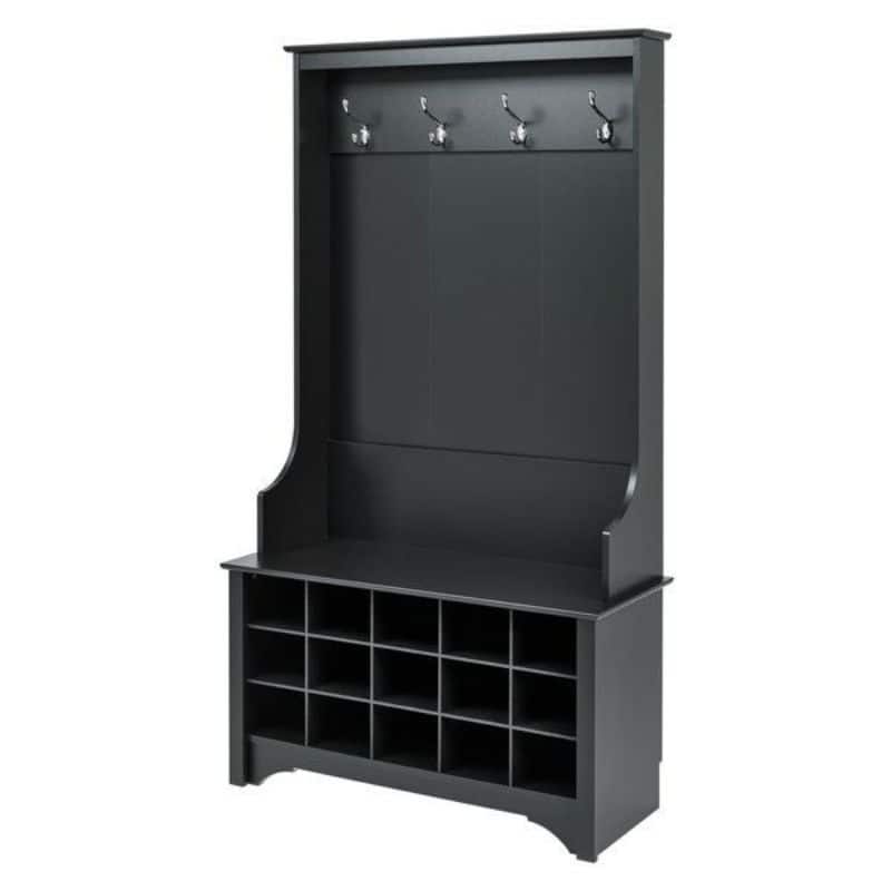 Black Entryway Hall Tree Shoe Cubbie Coat Rack - 34.75" W x 14.75" D