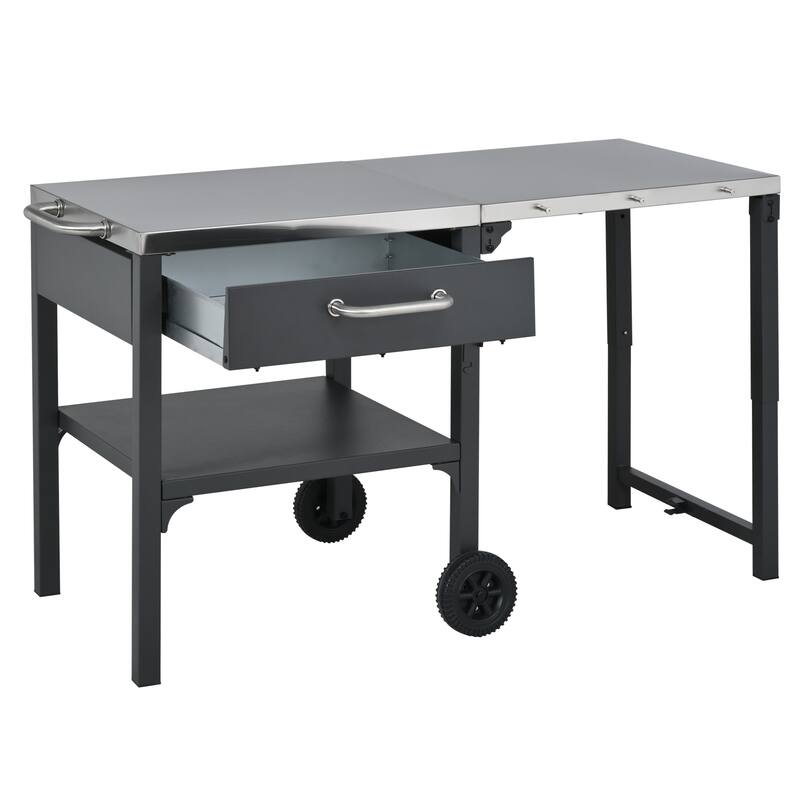 Portable Foldable Outdoor Kitchen Prep Station, BBQ Grill Cart with Expandable Top and Storage for Patio