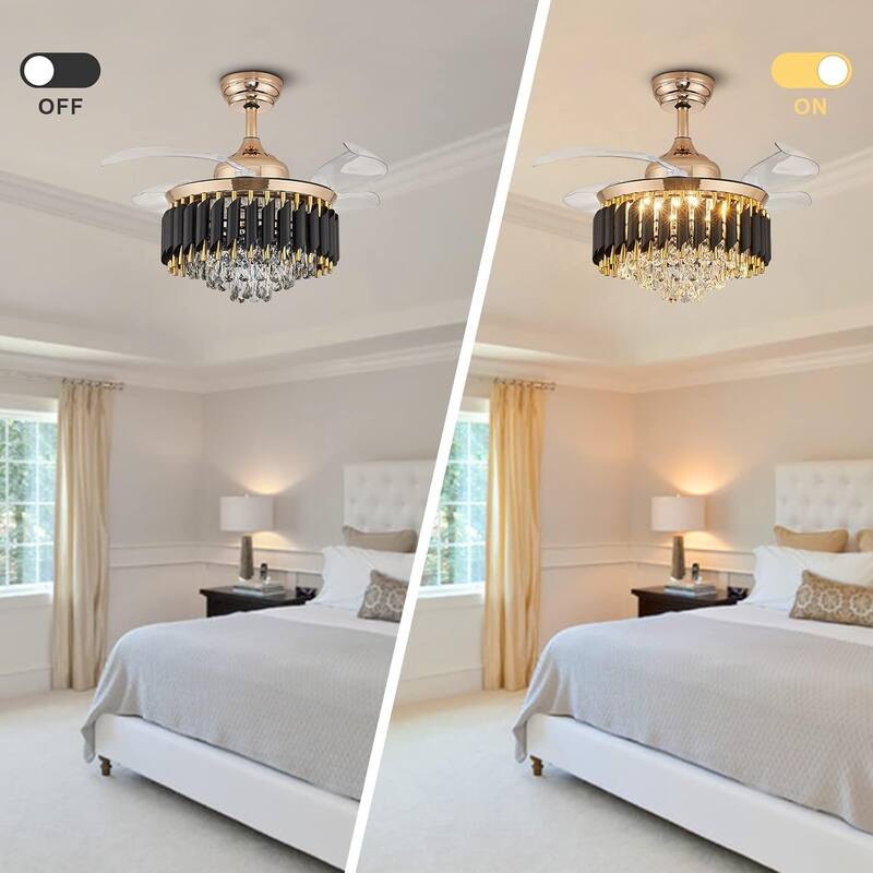 Modern Gold Black Retractable Crystal Ceiling Fan With Lights, Dimmable LED Luxury Chandelier Ceiling Fan With Remote Control