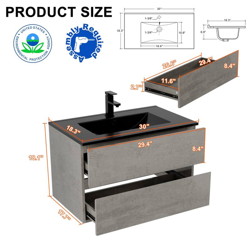 Wall Mounted Bathroom Vanity Sink with Black Sink & Faucet