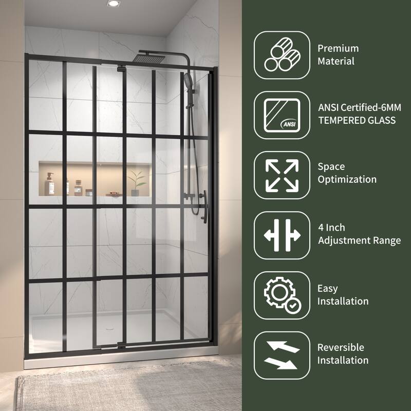 Modland 44-48"x71'' Adjustable Pivot Shower Door - Auto-Lift Hinge, Magnetic Seal, 6 Finishes for Uneven Walls - 48''x 71''
