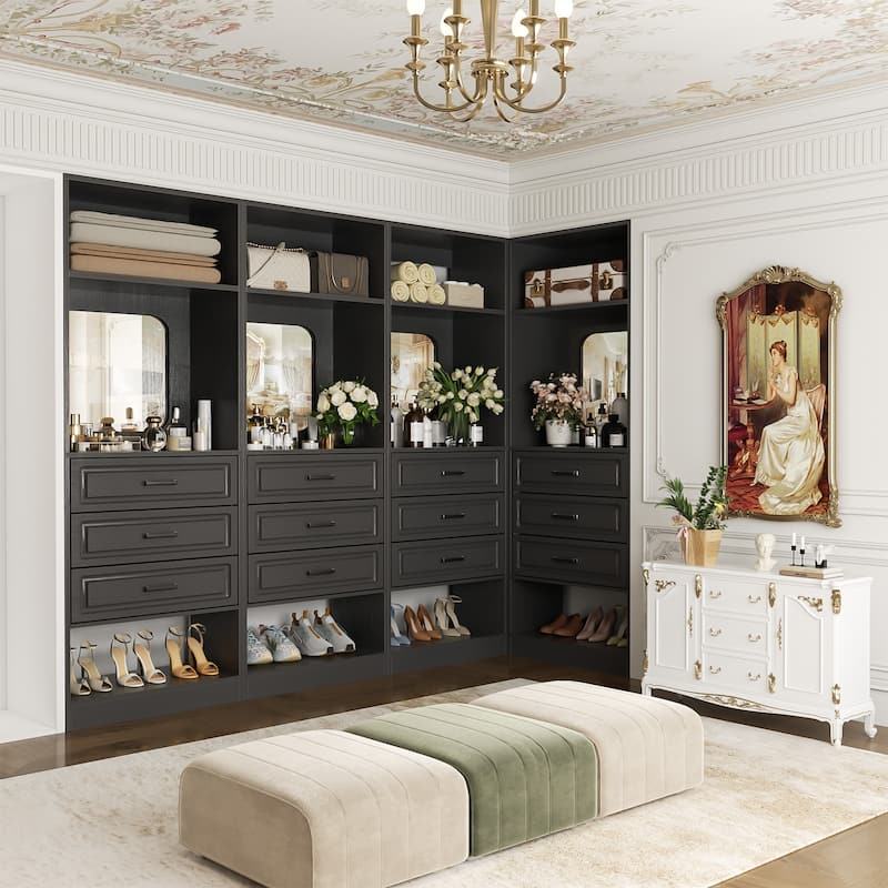 Cimly 25'' Freestanding Closet System with Drawers and Mirror, Display Shelves Organizer with Shelving