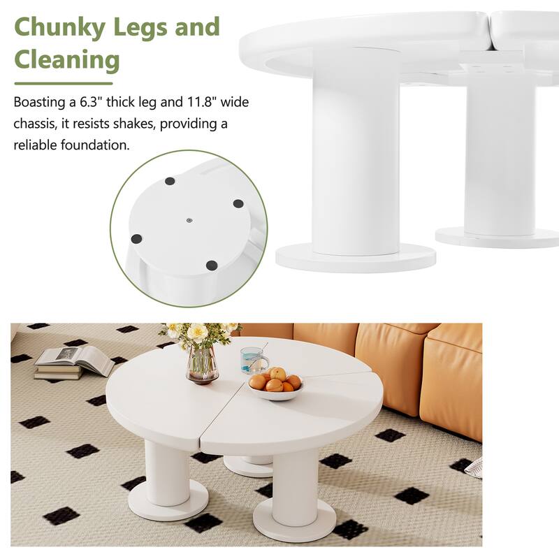 Modern Round Petal Shape Coffee Table Irregular Side Table with 3 Thick Legs Smooth Round Edges, for Living Room, White