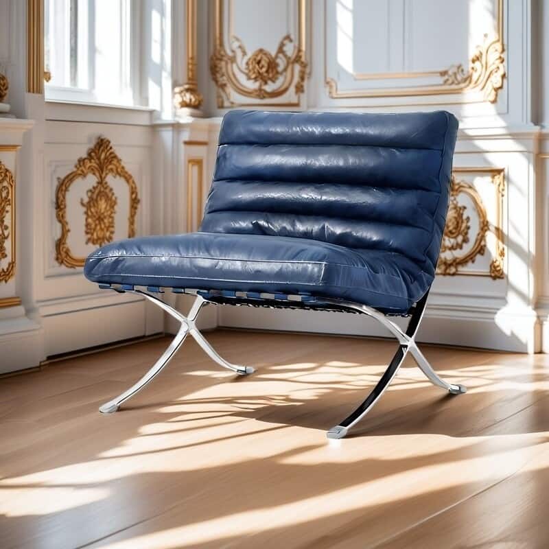 Mid Century Tufted Top Grain Leather Upholstered Lounge Chair