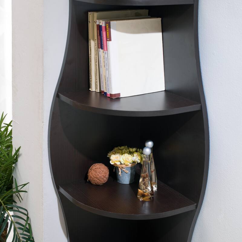 DH BASIC Walnut Space Saving 5-Shelf Corner Bookcase by Denhour