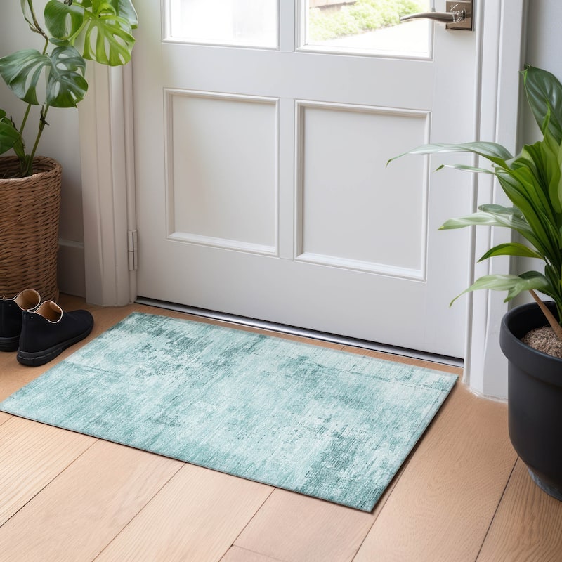 Machine Washable Indoor/ Outdoor Abstract Modern Chantille Rug - Seafoam - 1'8" x 2'6"