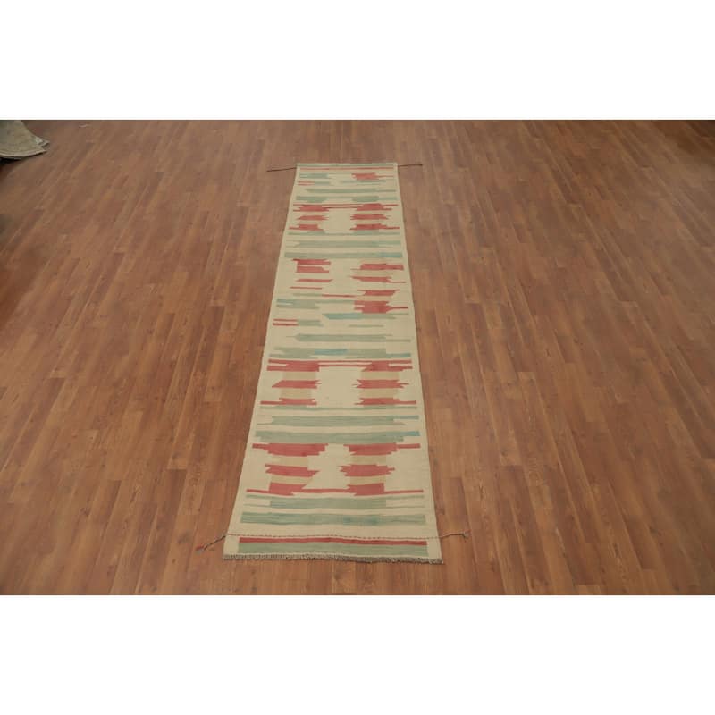 Hand Woven Oriental 100% Wool Carpet Southwestern Geometric Beige & Ivories Kilim Runner Rug - 9' 7'' X 2' 4''