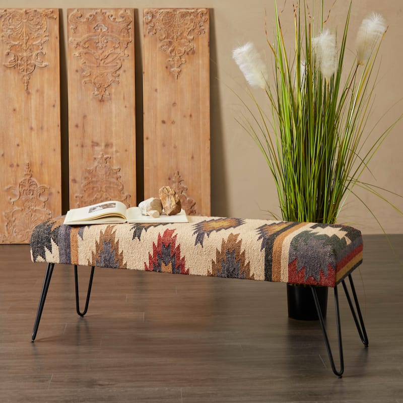 Metal Floral, Diamond or Tribal Bench with Metal Hairpin Legs - White, Gray or Multi Colored - Roche River Decor