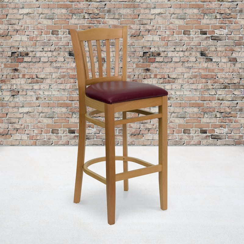 Vertical Slat Back Wooden Restaurant Barstool - Hospitality Seating - 17.5"W x 19"D x 43.75"H - 17.5"W x 19"D x 43.75"H - Burgundy Vinyl Seat/ Natural Wood Frame