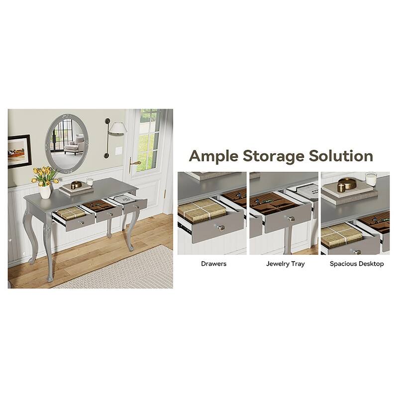 3-Drawer Makeup Vanity Table and Oval Mirror Set for Bedroom