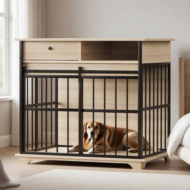 Wooden Dog Kennel Furniture Dog Crate Furniture with Drawer and Solid Wood Top, Side Storage Compartment - Black+Natural